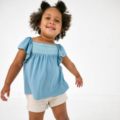 Dusk Blue Smocked Flutter Top