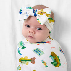 Gone Fishin' Swaddle & Luxe Bow Headband Set