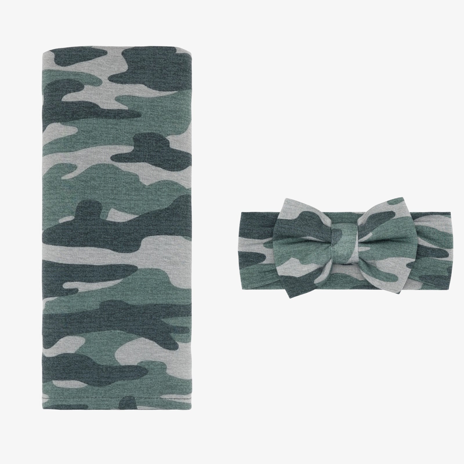 Vintage Camo Swaddle & Luxe Bow Headband Set