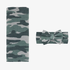 Vintage Camo Swaddle & Luxe Bow Headband Set