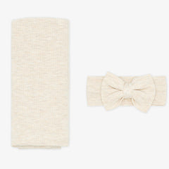 Heather Oatmeal Ribbed Swaddle & Luxe Bow Headband Set