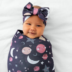 Pink To the Moon & Back Swaddle & Luxe Bow Headband Set