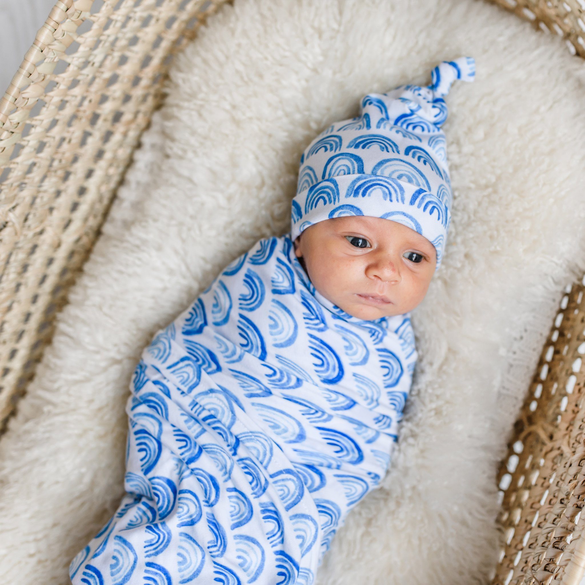 Blue Rainbows Swaddle & Hat Set