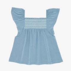 Dusk Blue Smocked Flutter Top