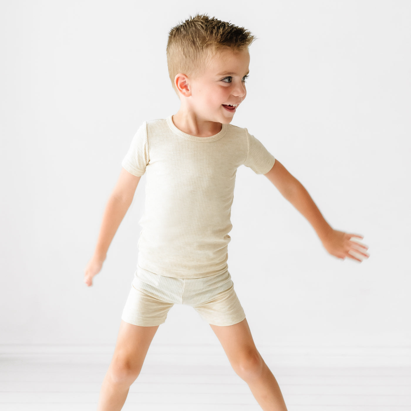 Heather Oatmeal Ribbed Two-Piece Short Sleeve & Shorts Pajama Set