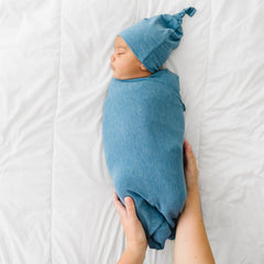 Heather Blue Ribbed Swaddle & Hat Set