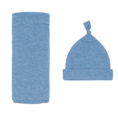 Heather Blue Ribbed Swaddle & Hat Set