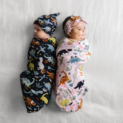 Navy Jurassic Jungle Swaddle + Hat Set