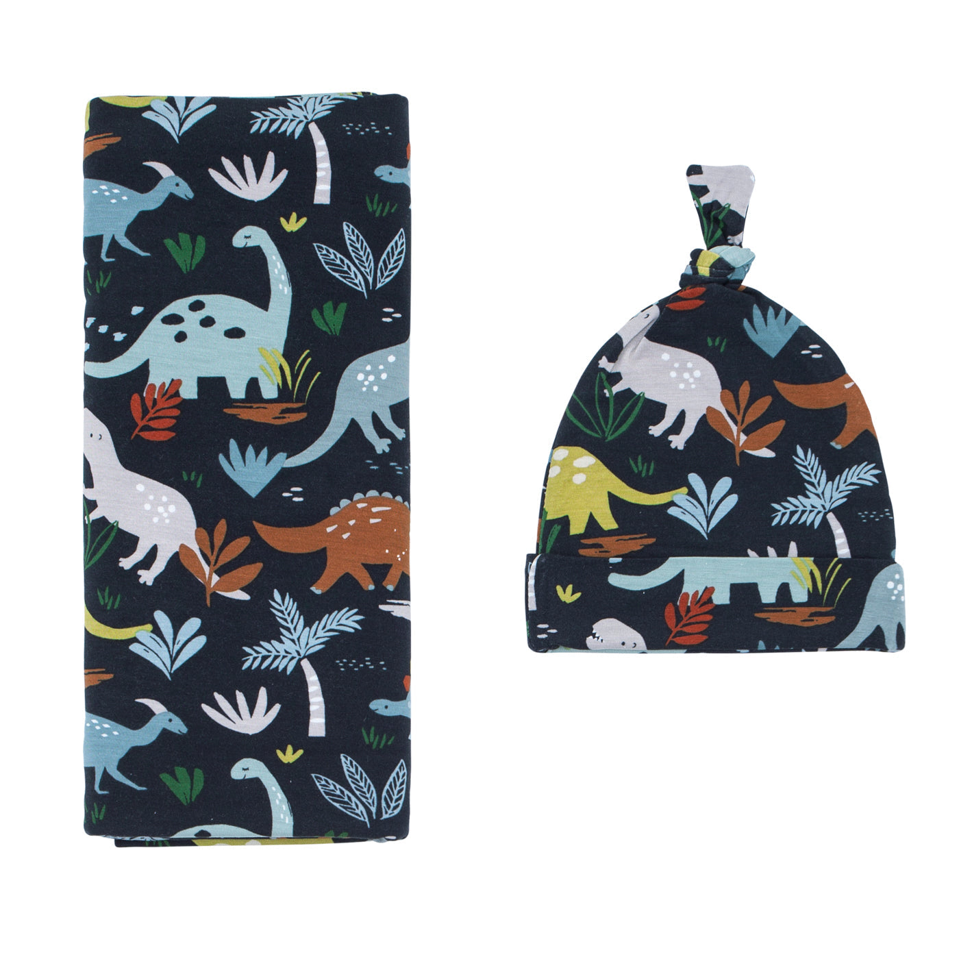 Navy Jurassic Jungle Swaddle + Hat Set